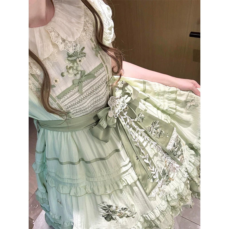 Creamy - Green Grape Garden - Mint-Green OP Dress with Green Grape Embroidery