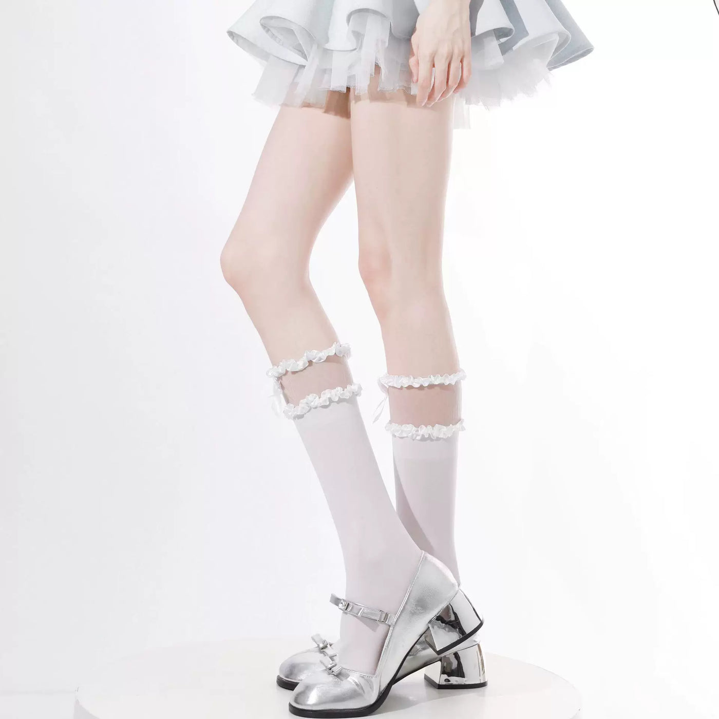 Fantasy Doll - Ribbon Window - Sheer Ruffle-Panel Calf Socks