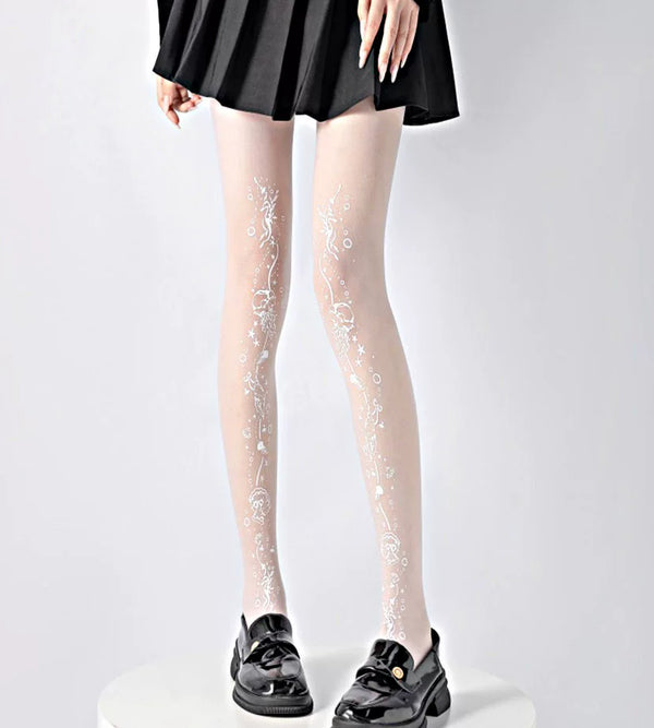 Fantasy Doll white over-the-knee socks with crossed panels, bows and ribbon detail