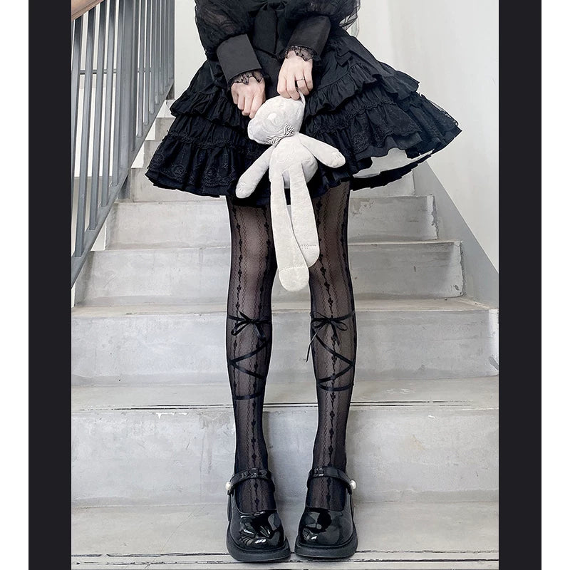 Floral Milk Cat - Ribbon Line - Lace-up tights