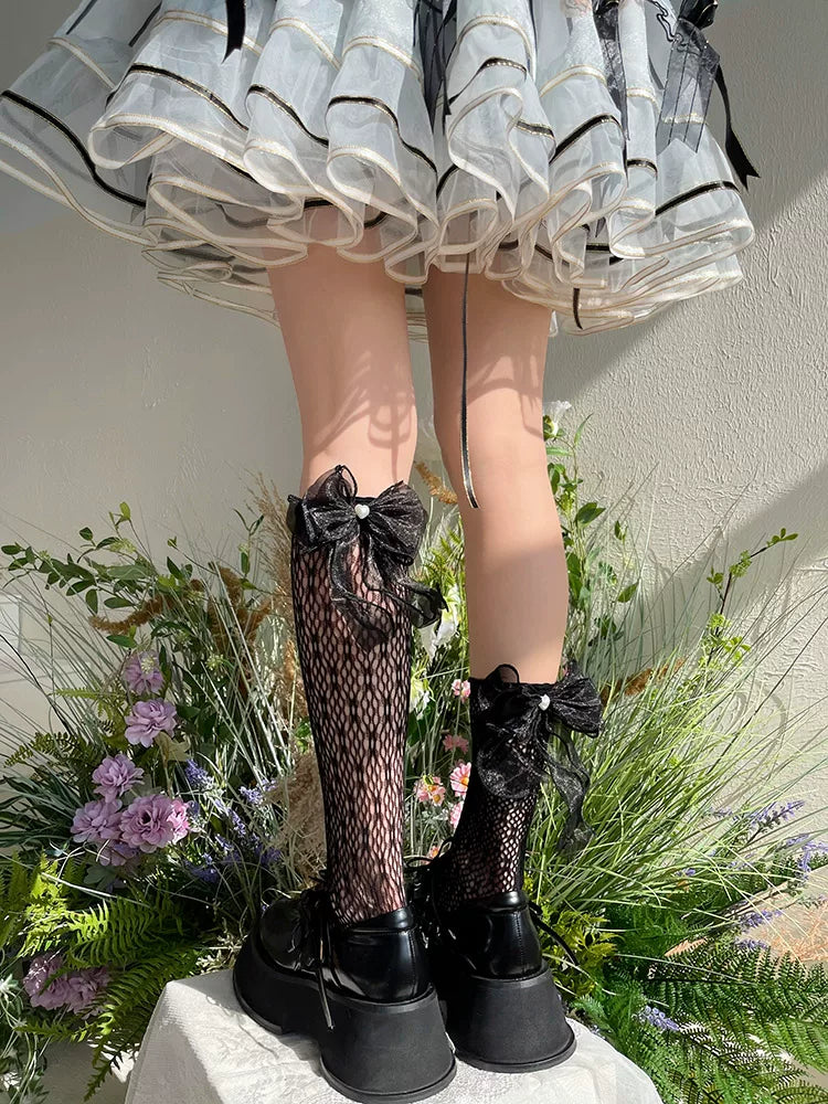 Sock Noble - Organza Heart Lace - Mid-Calf Socks with Oversized Ribbon Bows