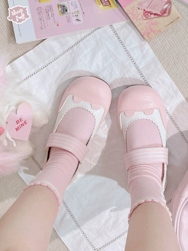 Sheep Puff brand low heel Lolita shoes featuring adorable sheep puff bear milk candy design, perfect for cute, stylish outfits.
