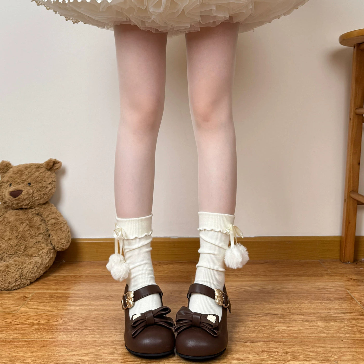 Chubby Bear Tales - Autumn Lace Collection - Wool Mid Calf Socks with Lace and Bow Options