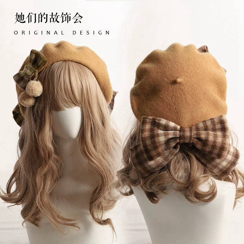 Her Vintage Society - Plaid Bow Beret - Beret with Large Check Bow