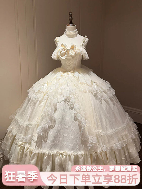 Champagne off-shoulder lolita ballgown with lace-trimmed neckline displayed on mannequin