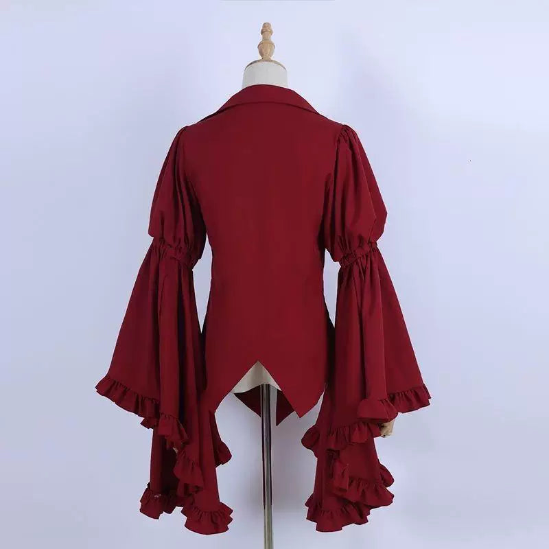 Black and red ruffled long-sleeve blouses shown on mannequins.