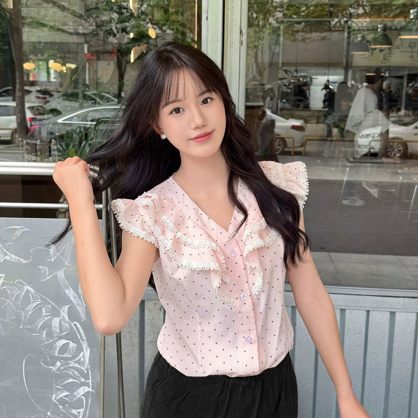 Sweetheart Dream Machine - Pink Dot Ruffle - Pink Polka-Dot Blouse with Flutter Sleeves
