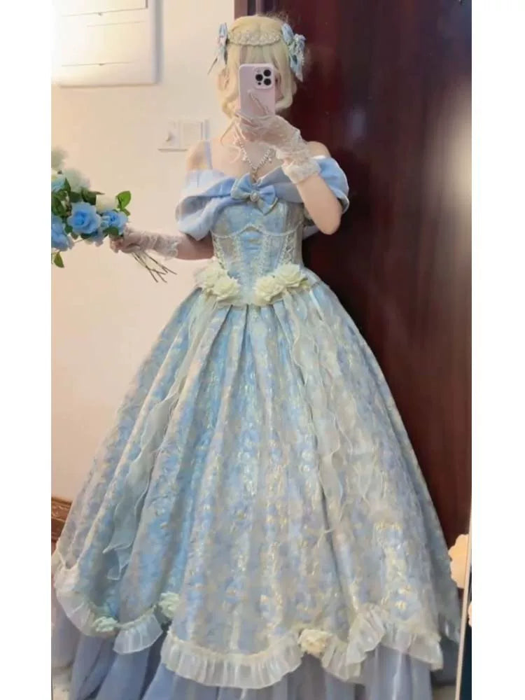 Purple variant of the Romanesque Garden Lolita Ballgown, off-shoulder design with corset-style bodice