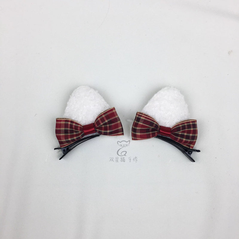 Little Red Riding Hood Burgundy Plaid Ear Headband & Clips — White Cat-Ear Hair Clips - Pair
