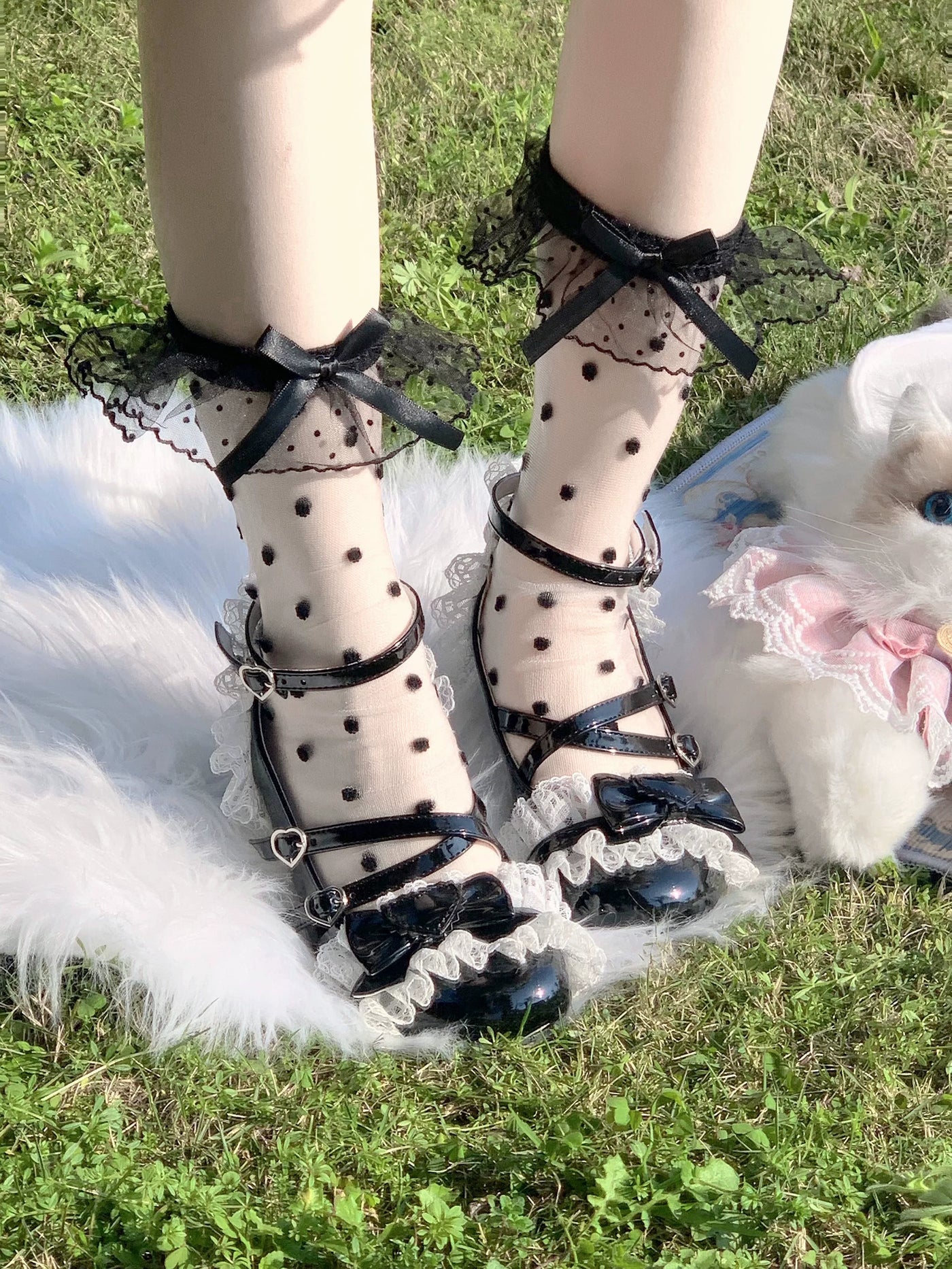 Fantasy Doll - Lace Bow - White or Black Mid-Calf Socks