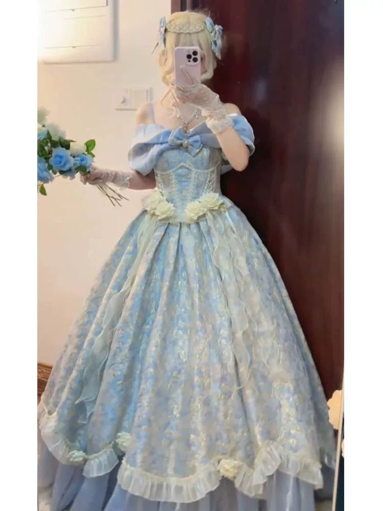 Flora Muse - Romantic Lolita Ballgown - Blue off-shoulder one-piece