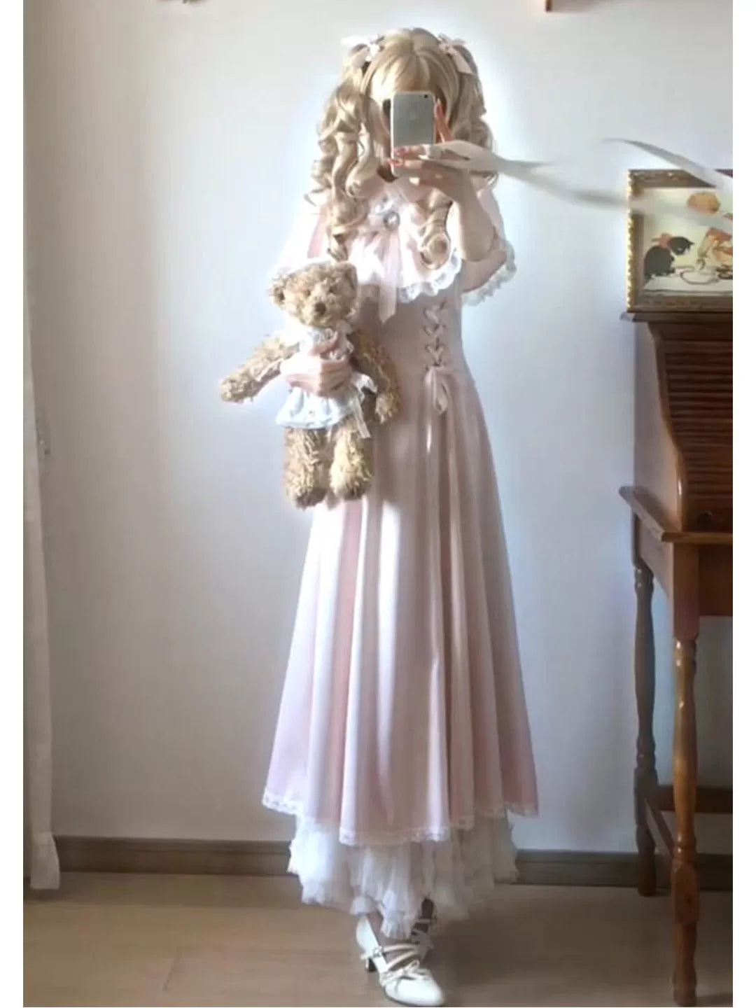 Creamy - Pink Cape - Pink OP Dress with a Ruffled Cape Collar