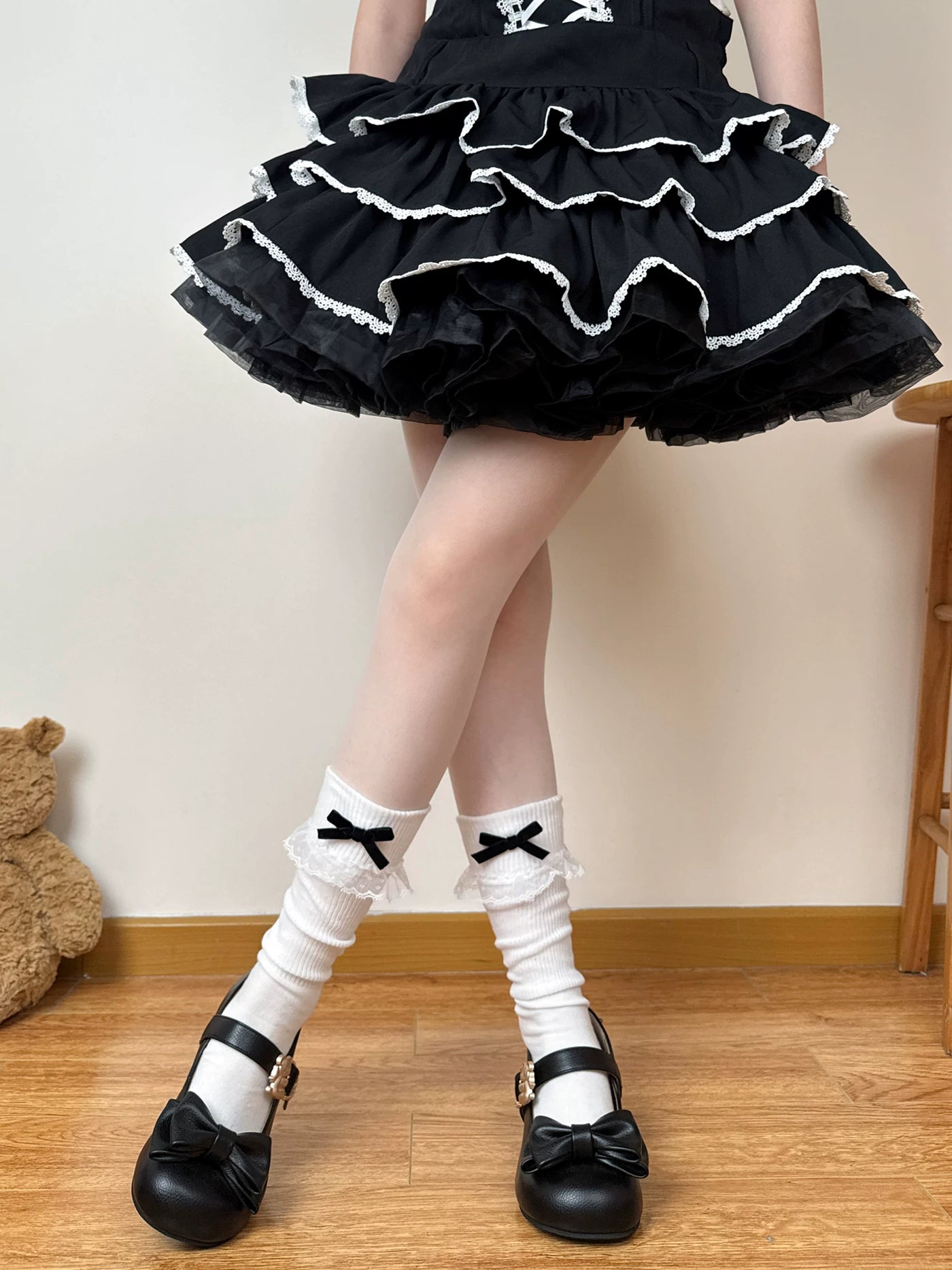 Chubby Bear Tales - Cream Ballet - Mid-Calf Slouch Socks with Lace Ruffle Cuffs and Bow Trim