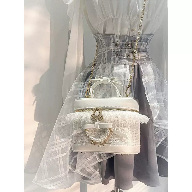 Creamy - Clear Plaid Layers - White Two-Piece Set with Off-Shoulder Top and Double-Buckle Waist