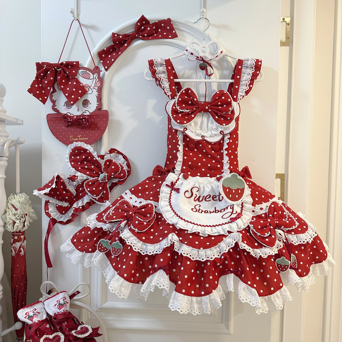 Red strawberry polka dot lolita JSK layered with white blouse, full set view
