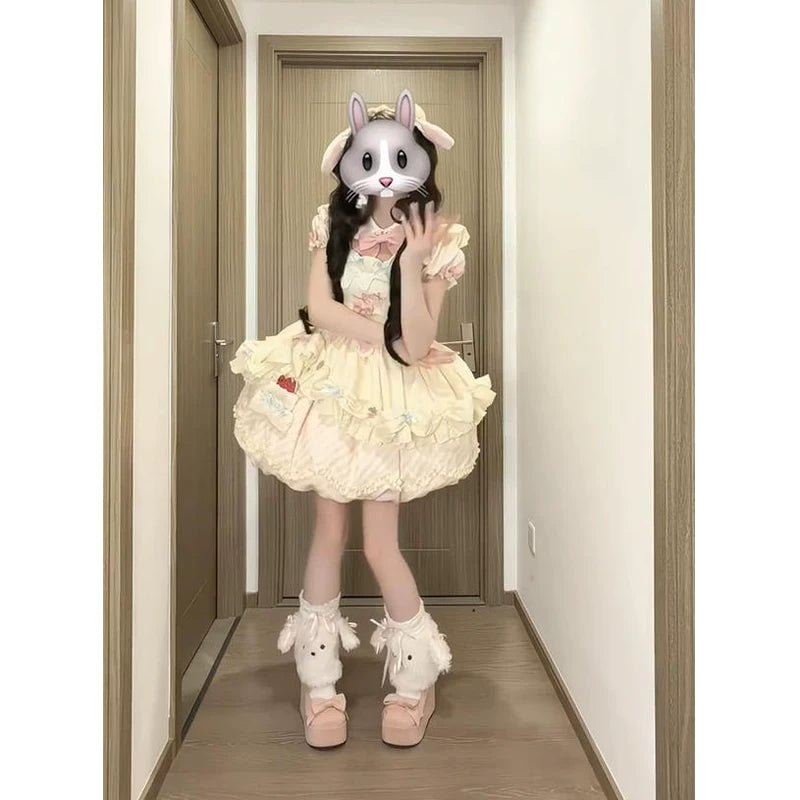 Creamy - Strawberry Cake - Pink-and-Cream Lolita Skirt Set with Ruffles