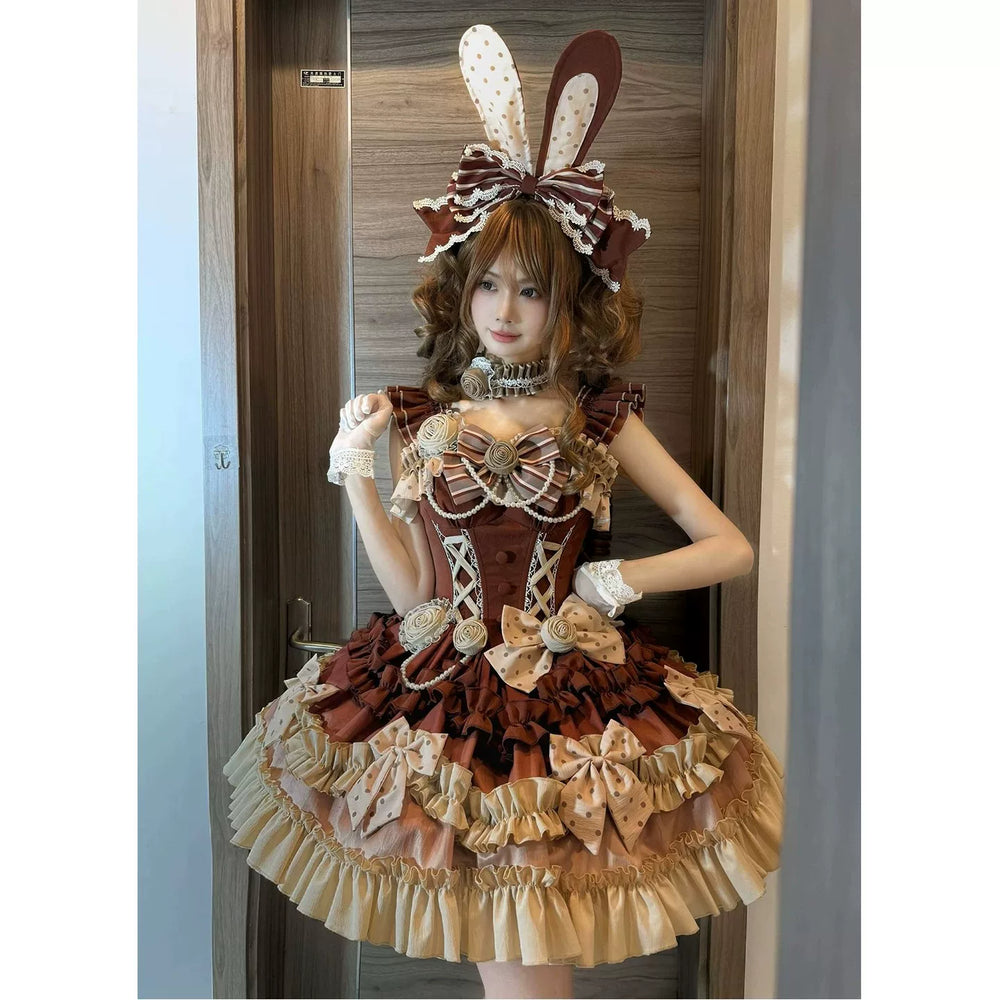 Chocolate JSK dress set with layered ruffles and rabbit-ear head accessory