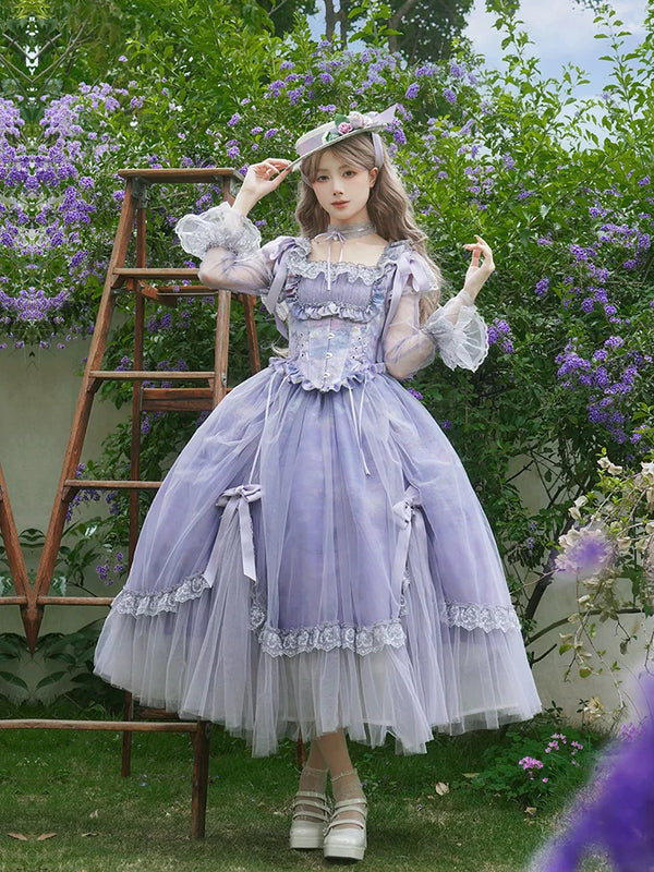 With PUJI - Wisteria in the Mist - Classic Lolita OP Dress, Boned Bodice Detail product view
