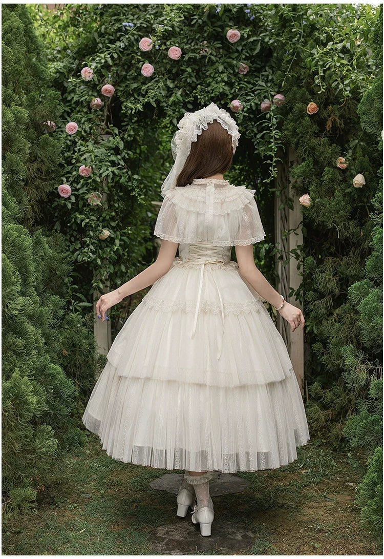 With PUJI - White Mist Promise - Classic Lolita Corset OP Set, Edwardian Collar & Tiered Hem