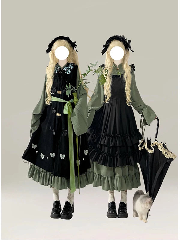 Full view of layered green Han-Yang fusion Ming-style bijia Lolita dress set with yunjian and hair ribbon