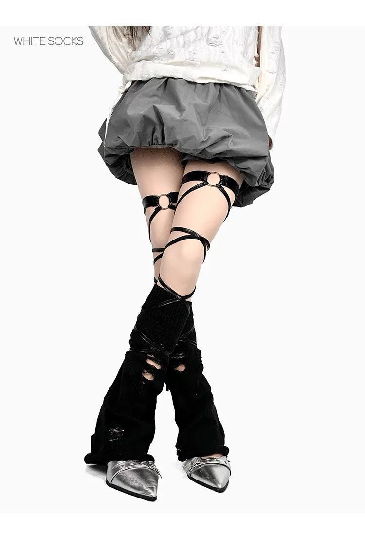 White Socks - Metallic Strap - Leg Warmers with Wraparound Straps