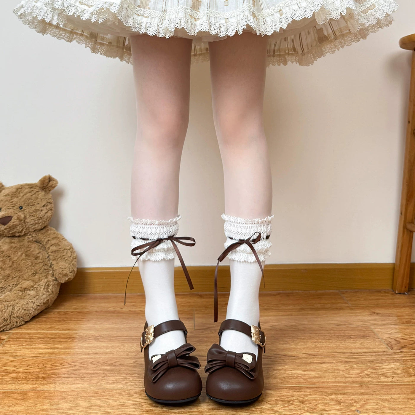 Chubby Bear Tales - Caramel Cocoa - Socks with Optional Lace-Up Ribbon Accents