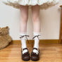 White socks, coffee-colored ribbon, mid-short socks / One Size
