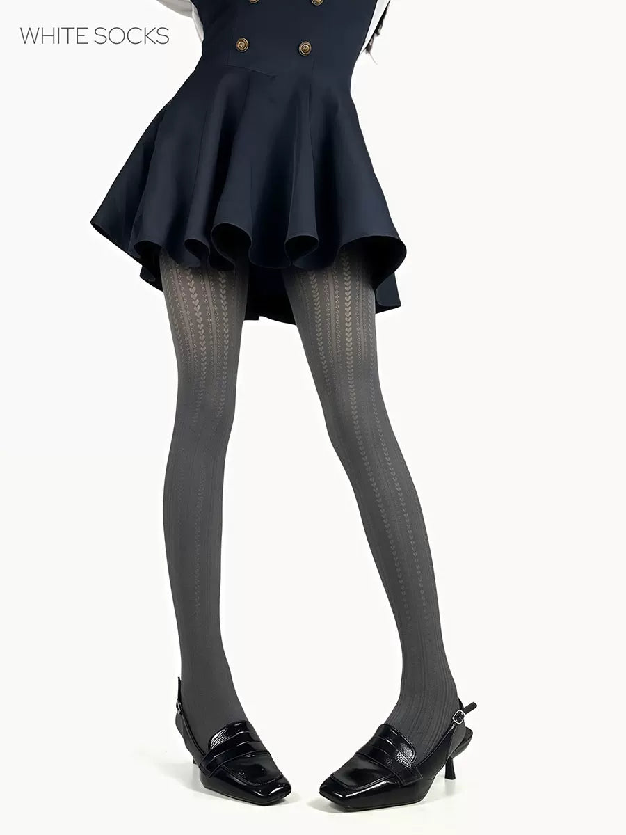 White Socks - Vintage Heart Flower Stripe - Patterned Tights with Heart-and-Flower Stripes