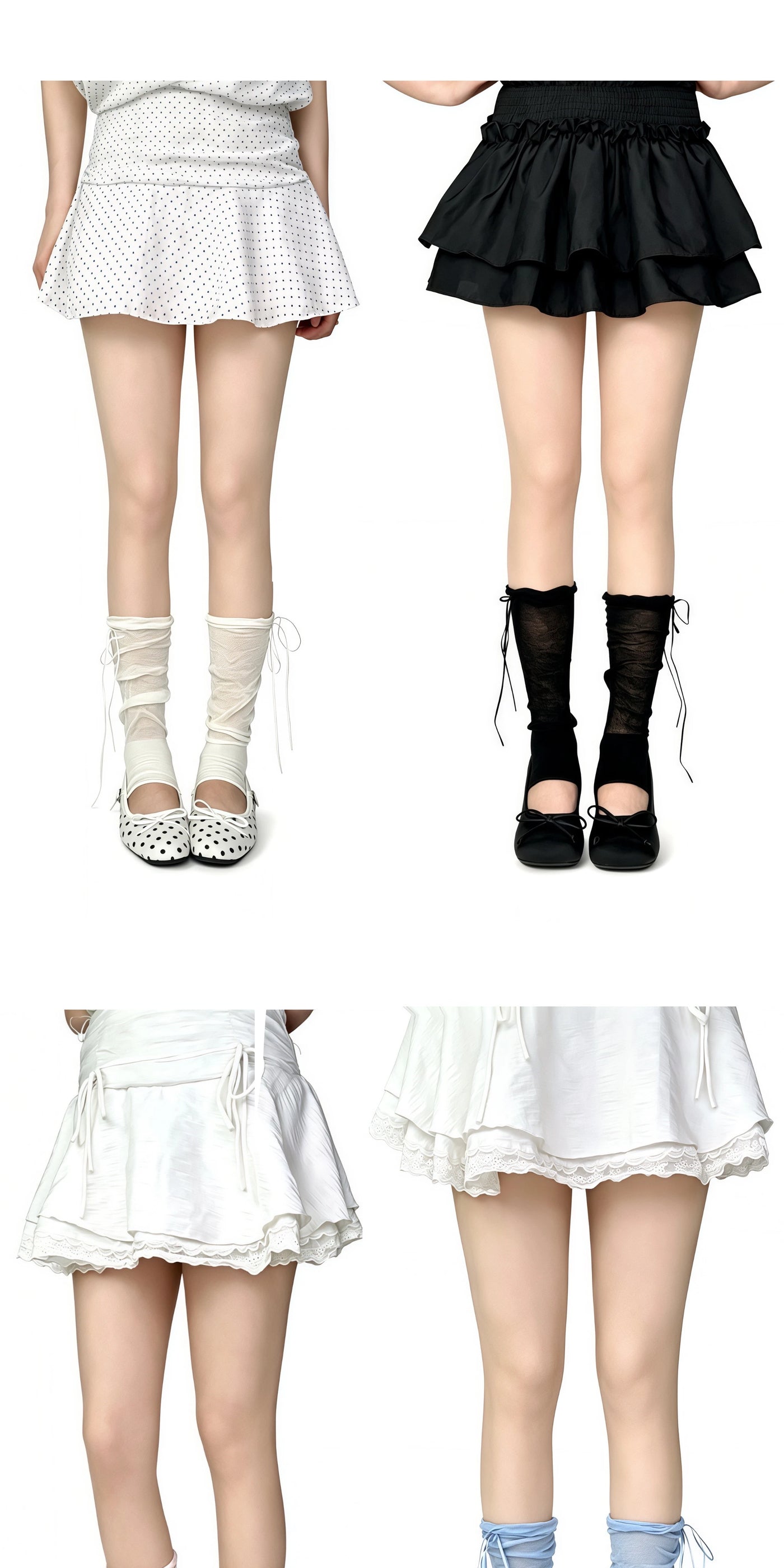 White Socks - Ribbon Ruffle - Mid-Calf Stirrup Slouch Socks with Ribbon Bow Ties