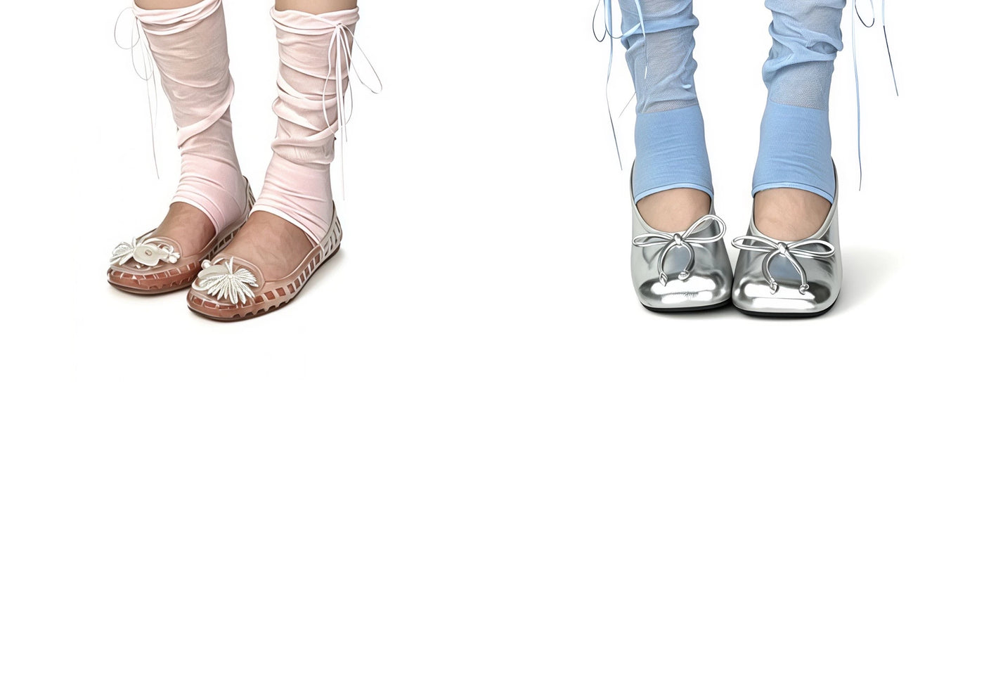 White Socks - Ballet Ribbon - Ruched Stirrup Socks with Side Ties