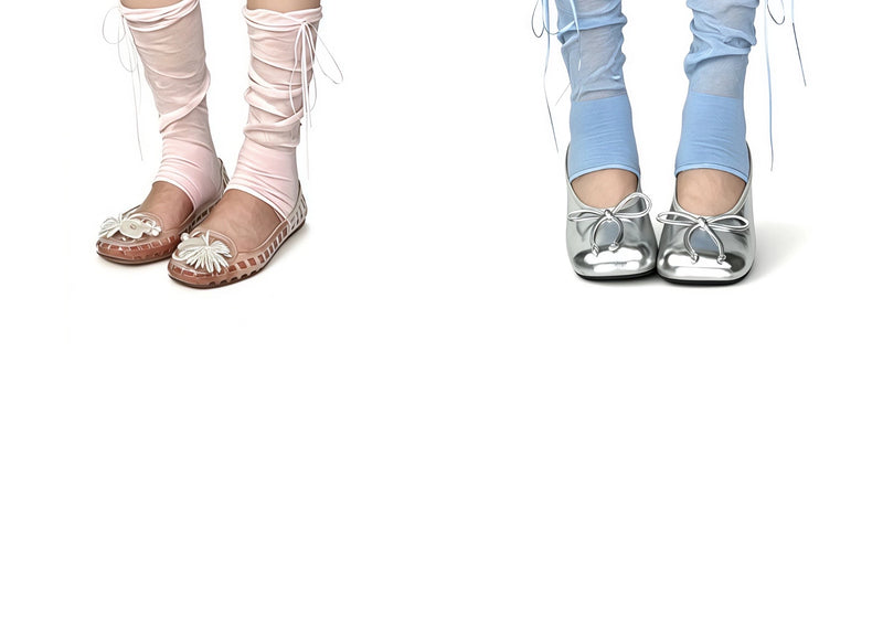 White Socks - Ballet Ribbon - Ruched Stirrup Socks with Side Ties