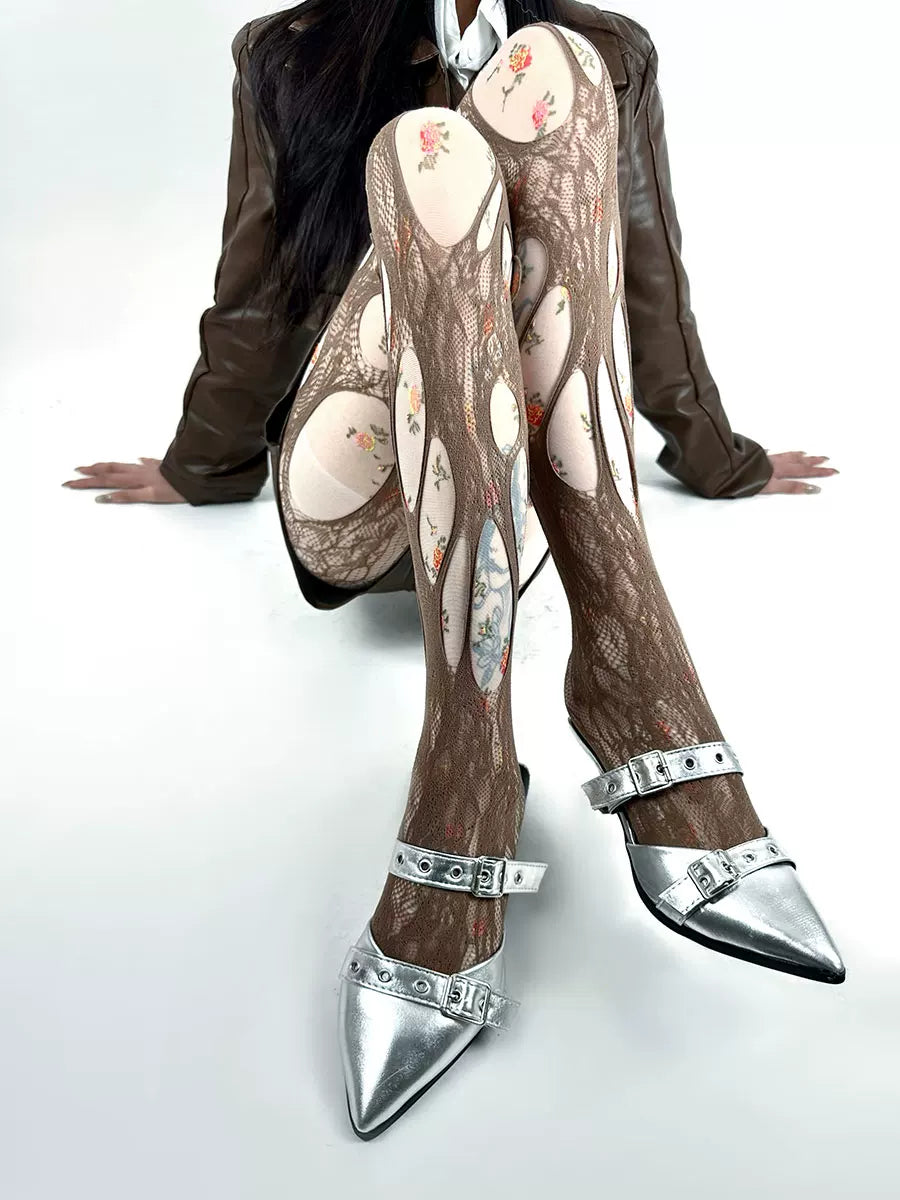 White Socks - Floral Panel - Sheer Floral Tights with Oval Openwork Panels