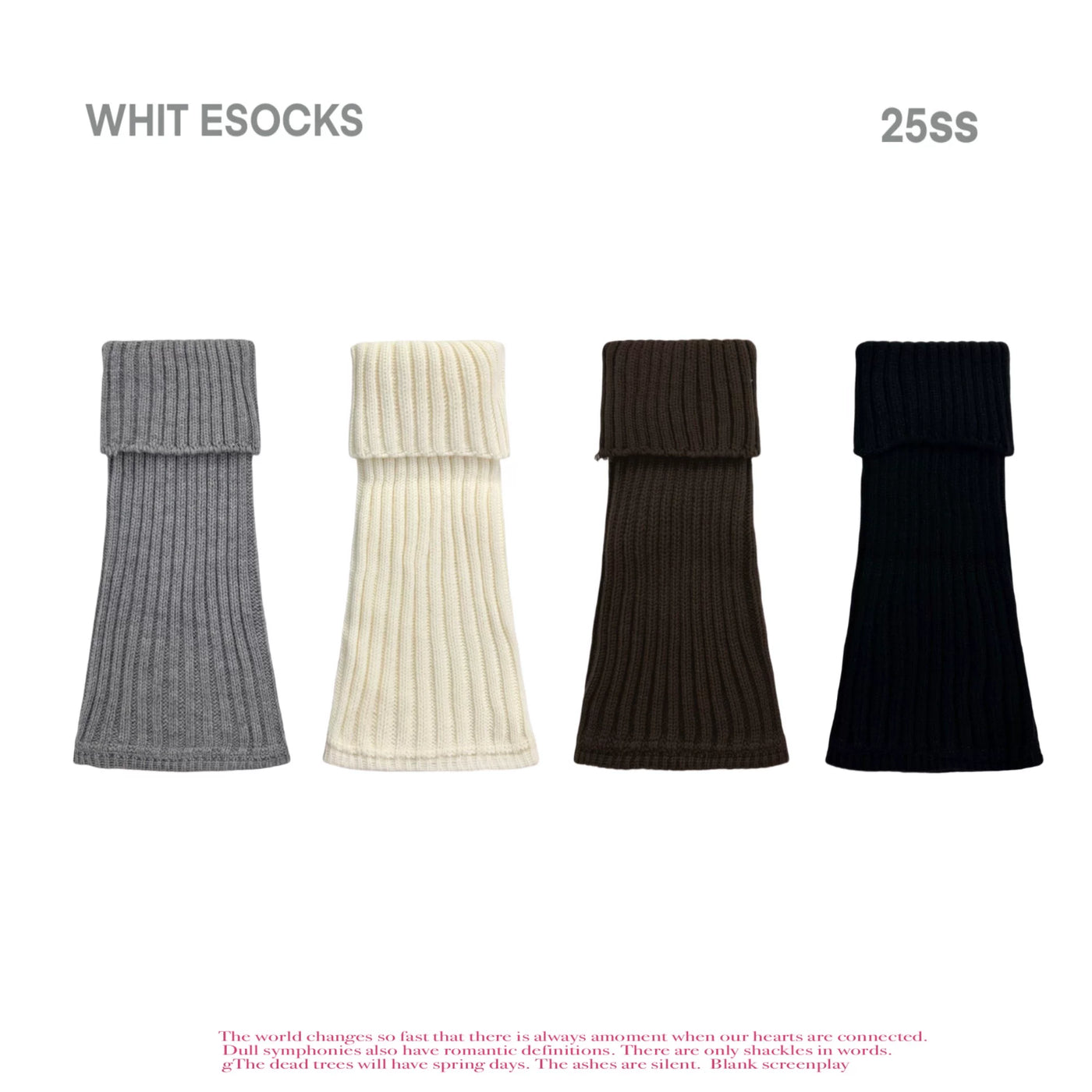 Ribbed knit slouchy leg warmers in grey, styled with argyle tights and platform loafers