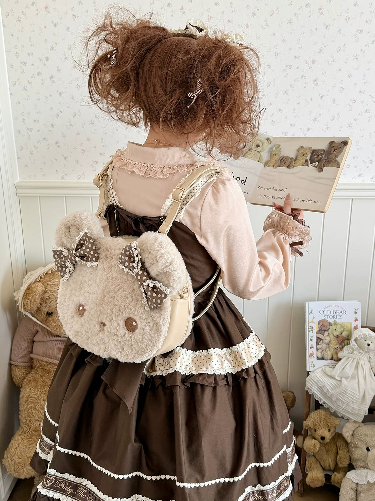 sheeppuff - Bear Biscuit - Plush Bear Bag with Polka-Dot Bows