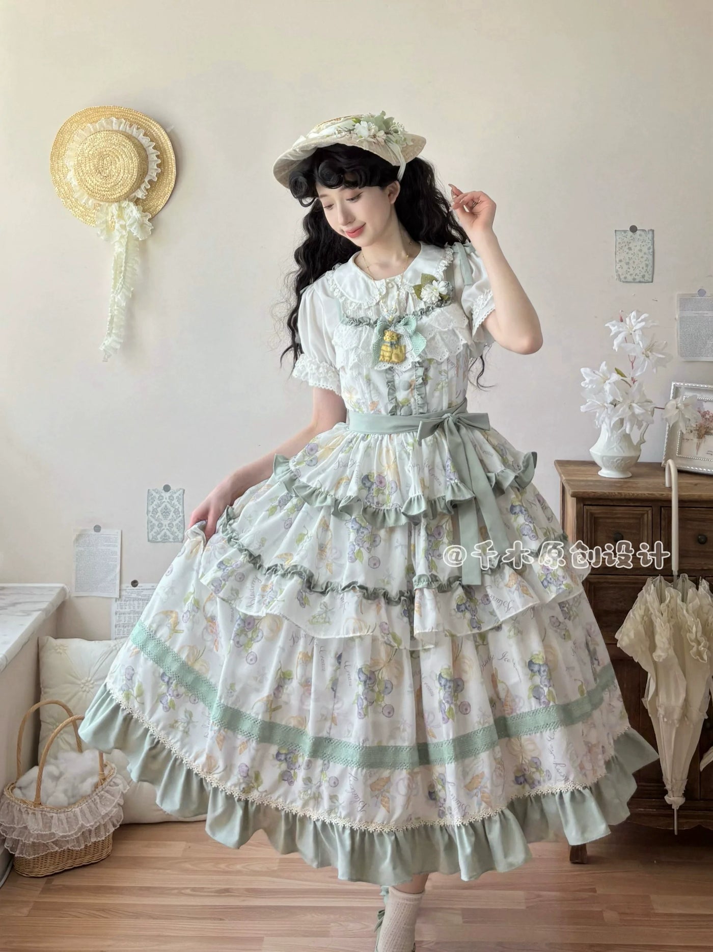 Qianmu - Blueberry Midsummer - Country Lolita Tiered JSK, Blueberry Print