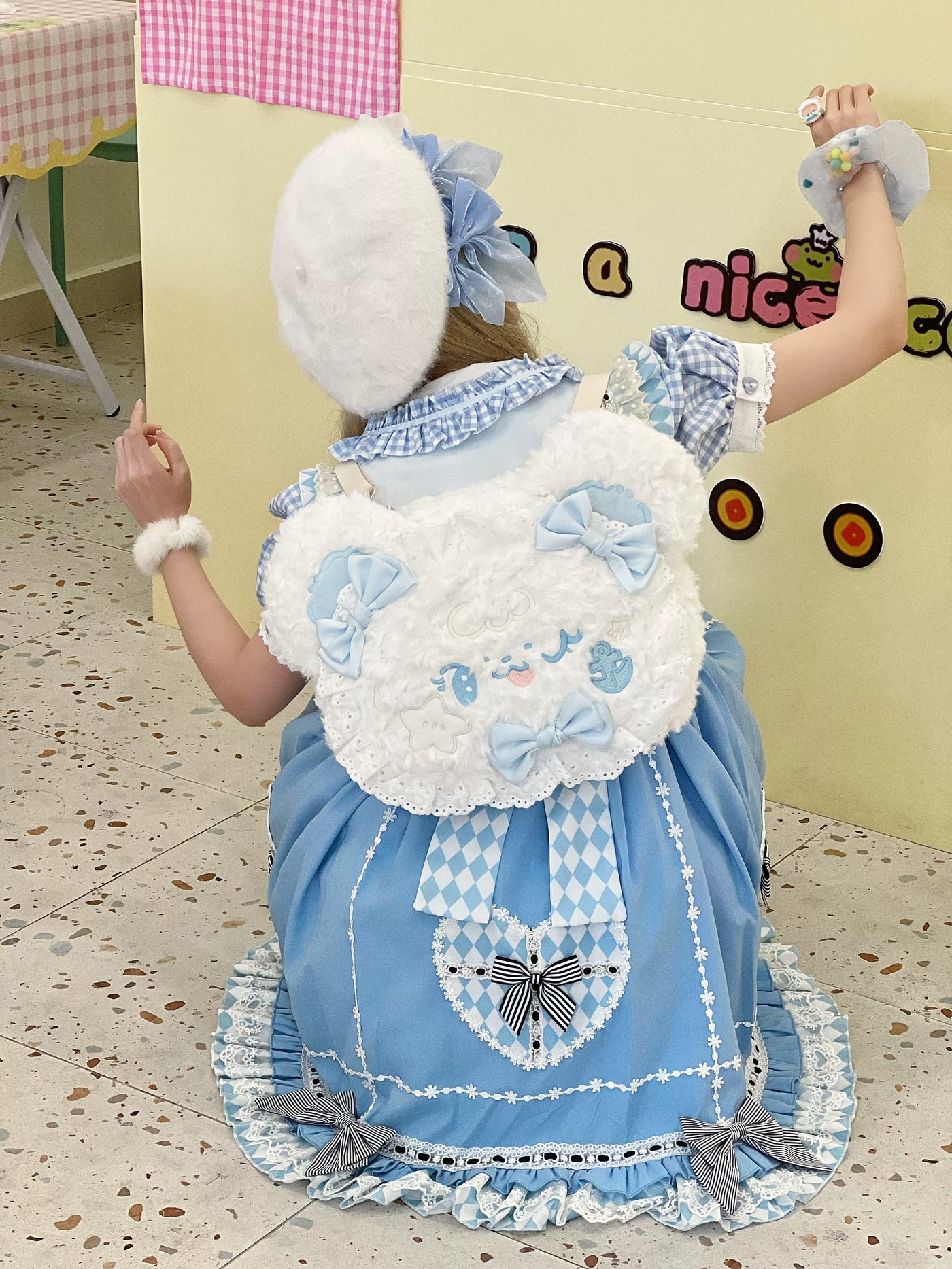 Molly Puppy - Bow Bear - Plush Bear Backpack with Pale-Blue Bows