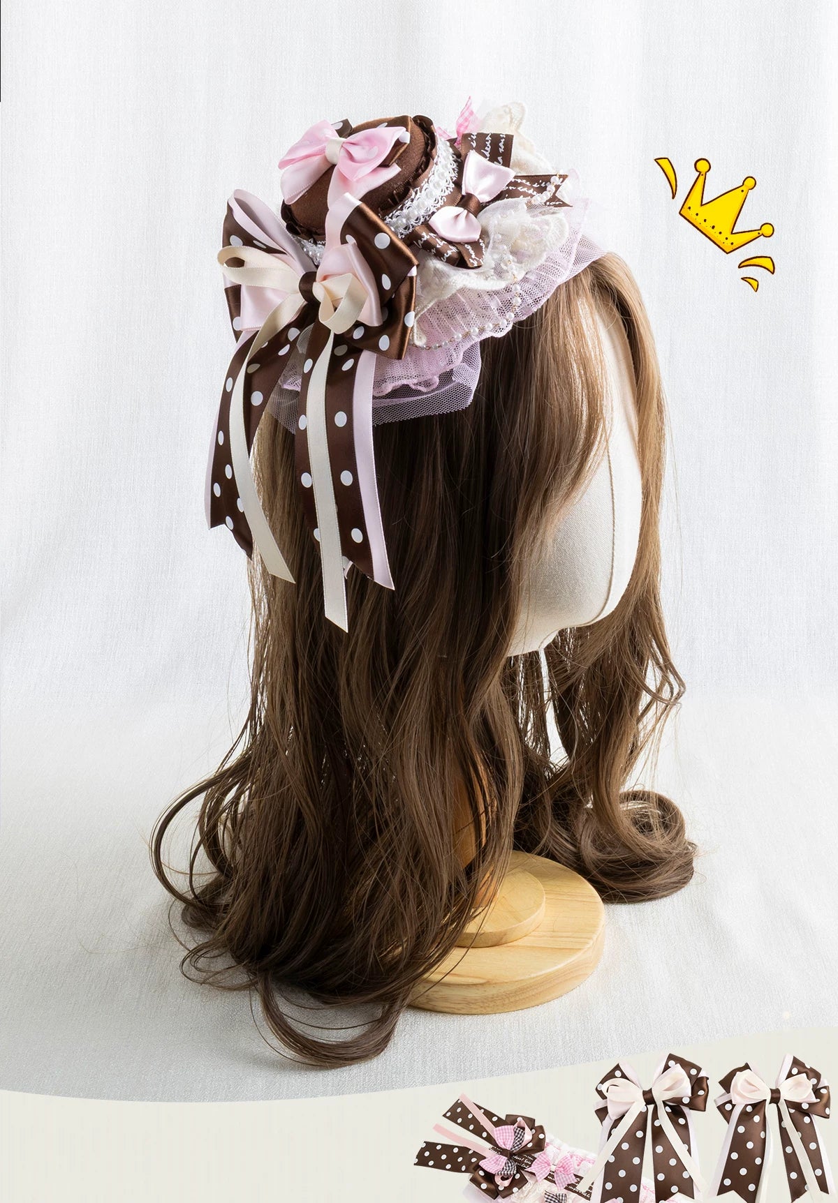 Lightbound Narrative - Chocolate Polka Dot - Headwear Options with Layered Lace and Ribbon Bows