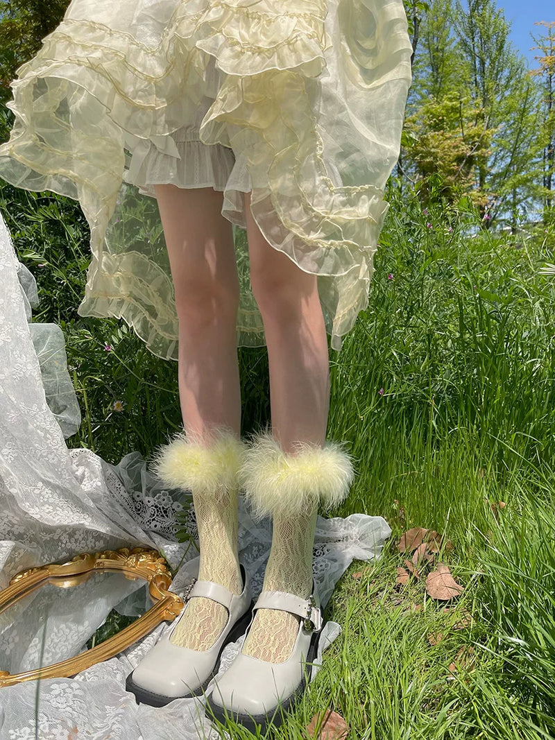 Sock Noble - Y2K Fluffy Lace - Mid-Calf Socks with Fluffy Cuffs