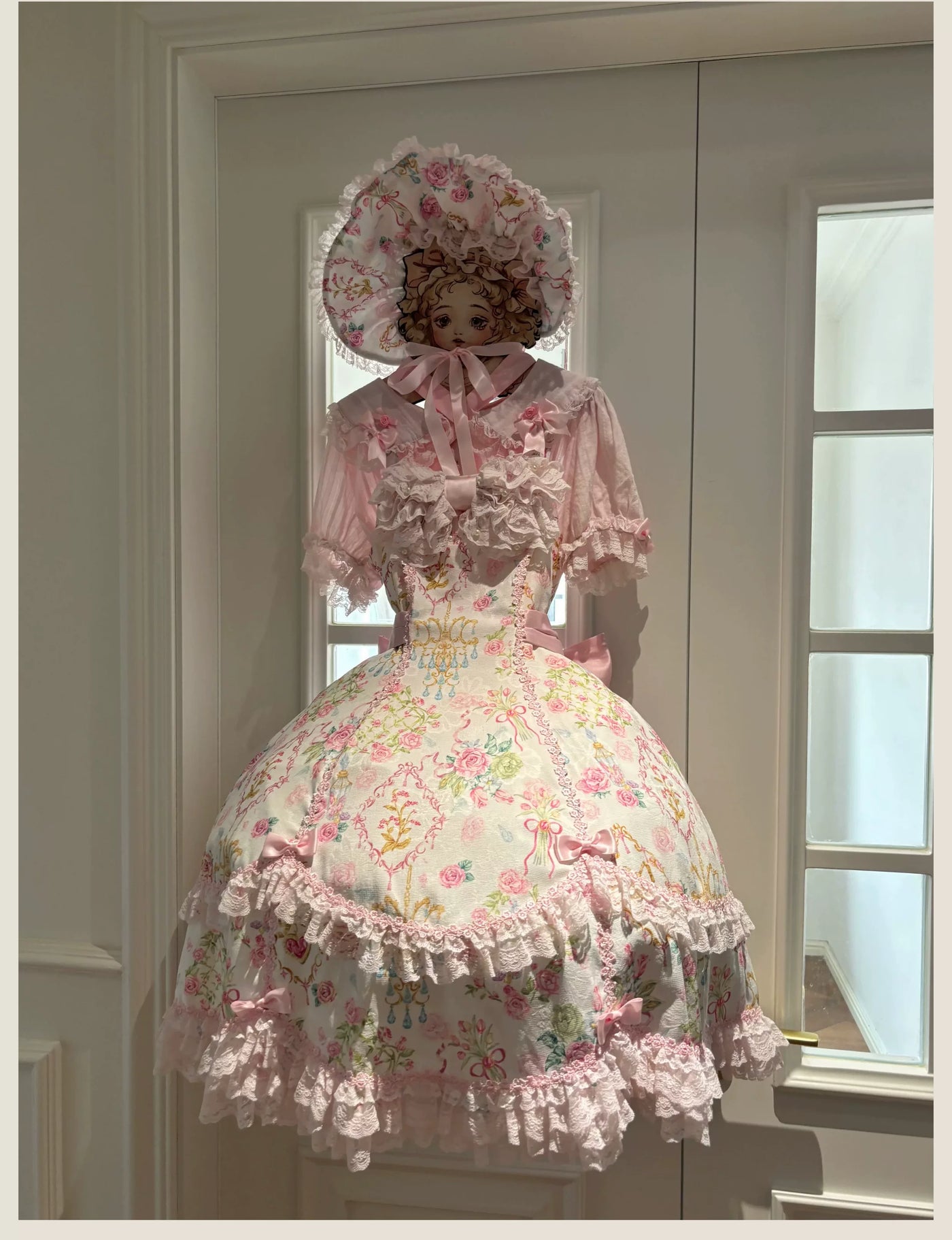 Pink floral JSK dress with layered lace ruffles and ribbon detailing.