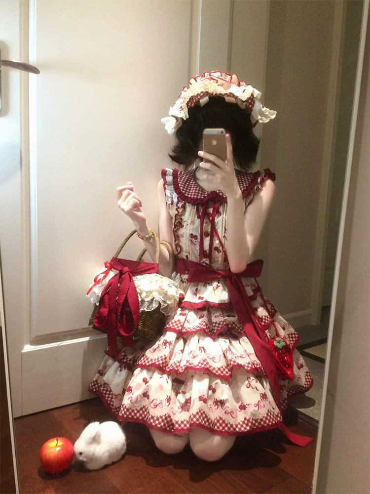 Dream Bunny - The Cherries Are Ripe - Cherry-Print Lolita Fashion Set with Gingham Ruffles