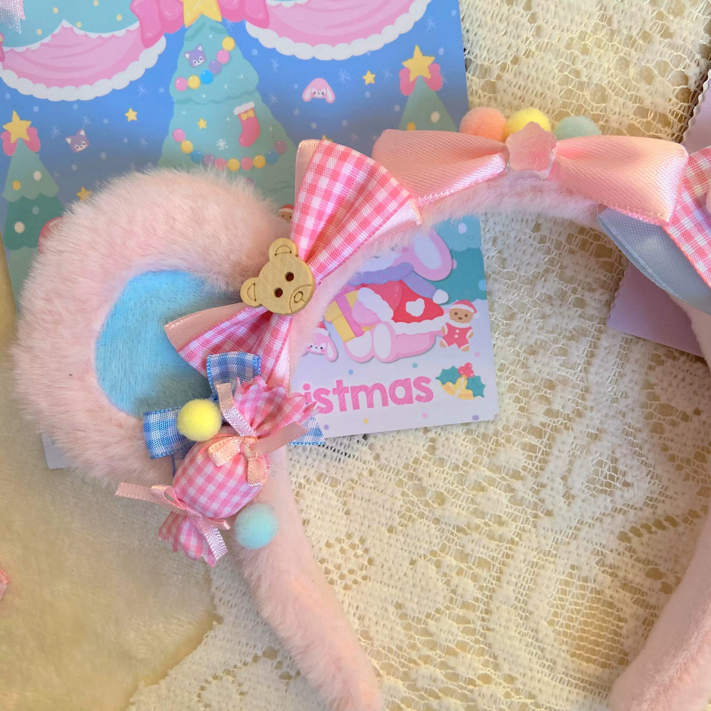 Bear doll - Teddy Bow - Plush Ear Headband with Gingham Bows