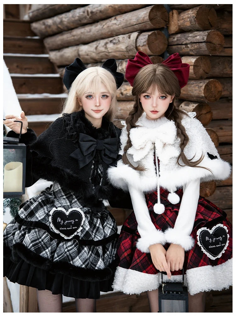 With PUJI - Snow Night Serenade - Fluffy Plaid Kawaii Lolita JSK, Reversible Cape