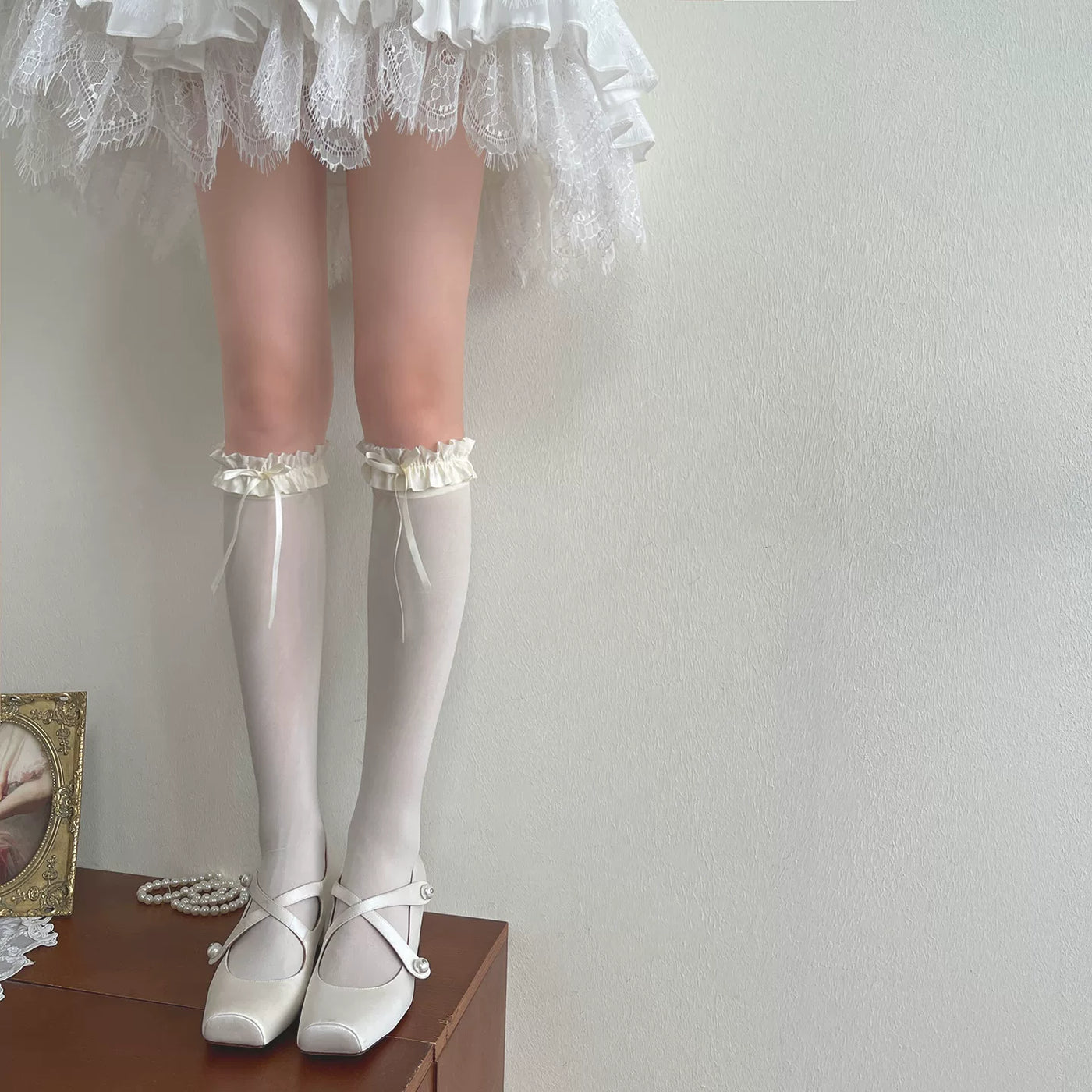 Sock Noble - Gray Ruffle - Velvet Slouch Socks with Bow-Tied Ruffle Cuffs