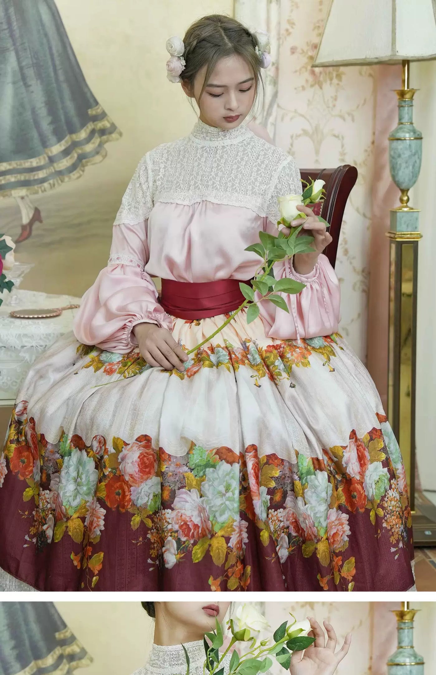 LACE GARDEN - Rainy Season Garden - Blouse and Full Skirt Set with Lace Yoke