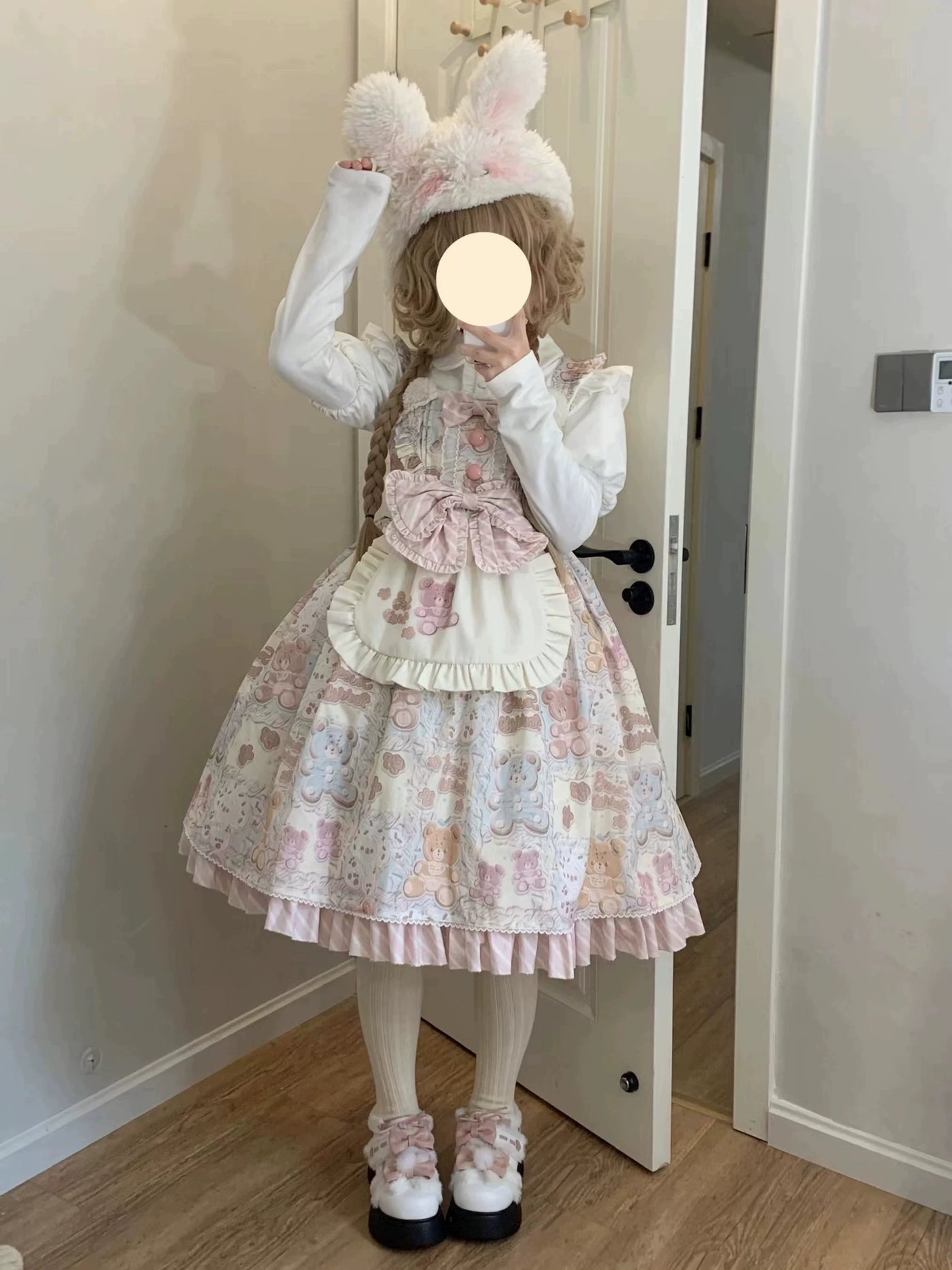 GZYRZ - Macaron Milk Bear - Teddy Bear Print JSK with Apron and Headband Options