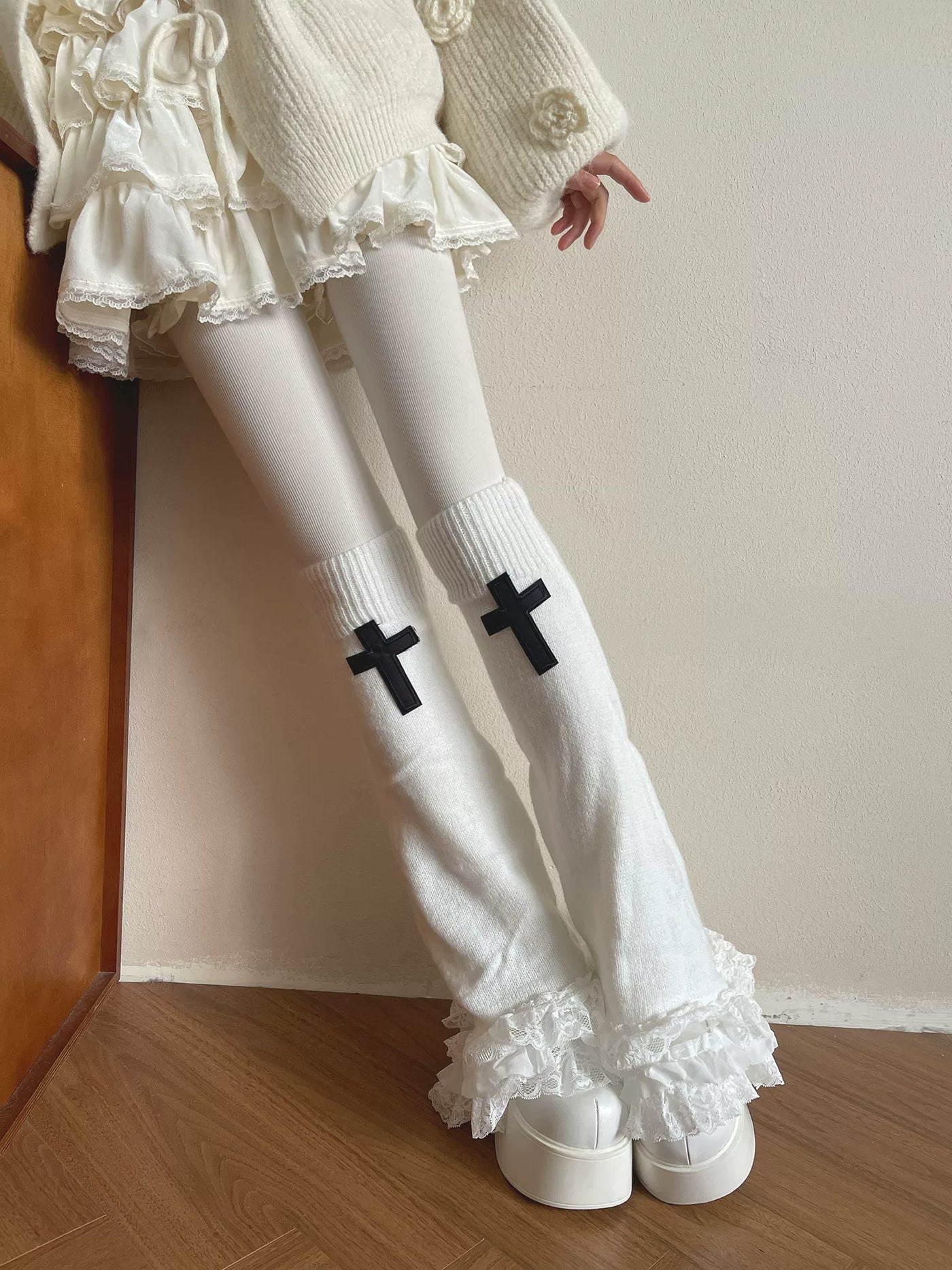 Sock Noble - Gothic Cross - White Knit Sock Covers and Tights with Black Cross Motifs