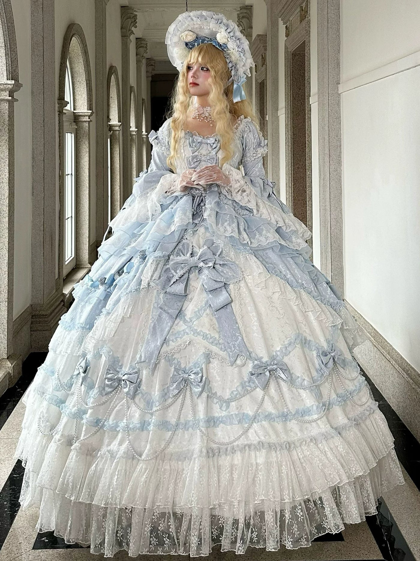 Emoji Dream blue Rococo Lolita long ball gown with detachable sleeves, front view