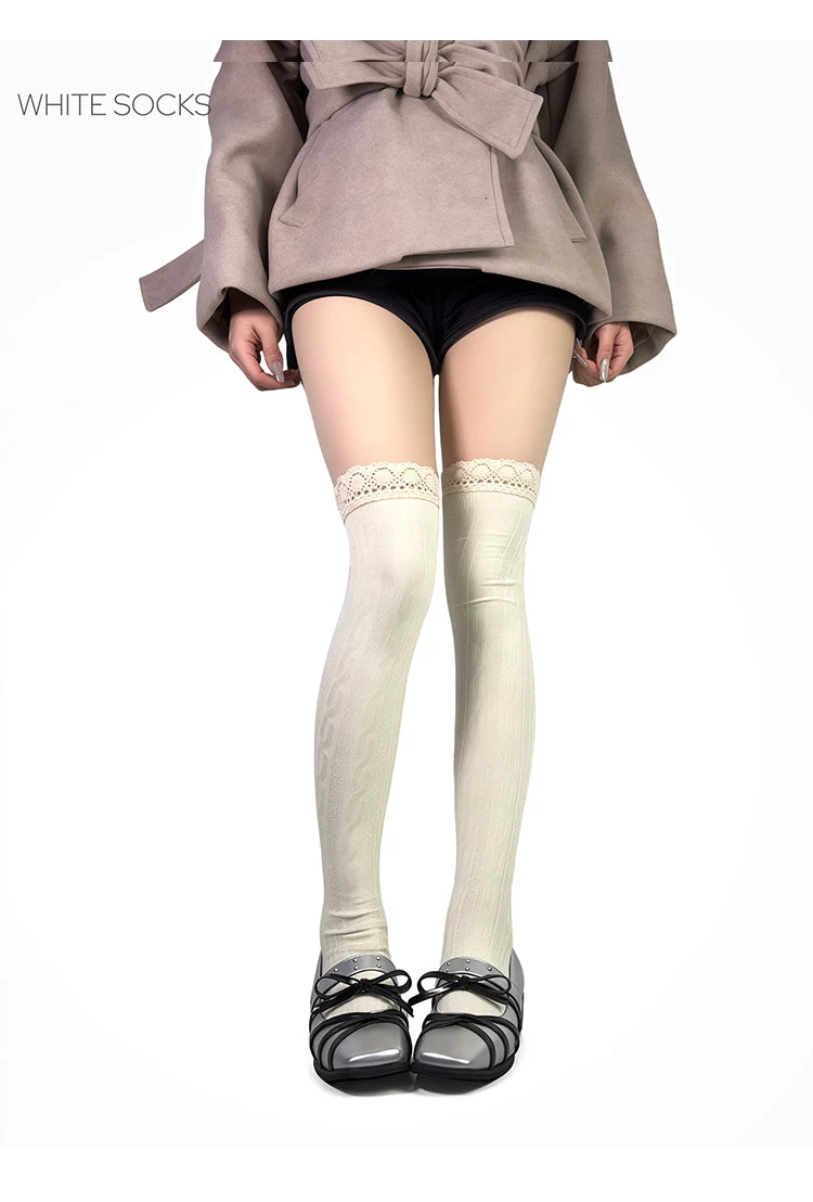White Socks - Retro Lace Contrast - Over-the-Knee Socks with Lace Edging