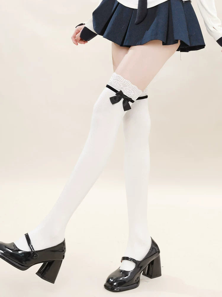 Fantasy Doll - Lace Bow - White Over-the-Knee Socks with Lace Tops