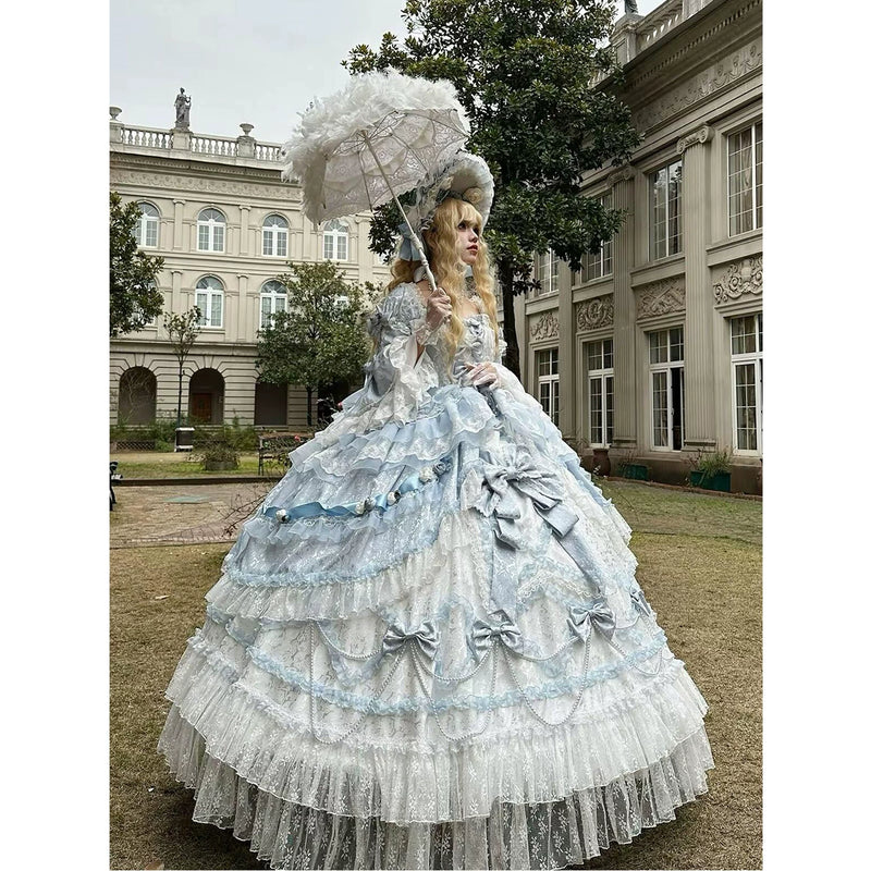 Dream Island - Rococo Sweet Lolita Gown - Blue floor-length tiered